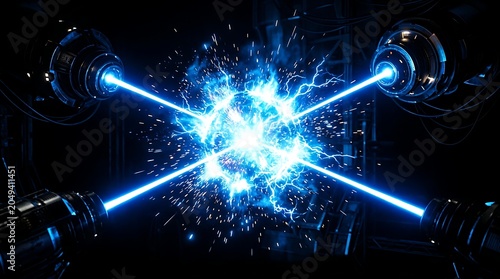 Intense blue laser beams converge into a central glowing plasma core creating bright electric sparks inside a dark high tech laboratory setting with dramatic cinematic lighting.