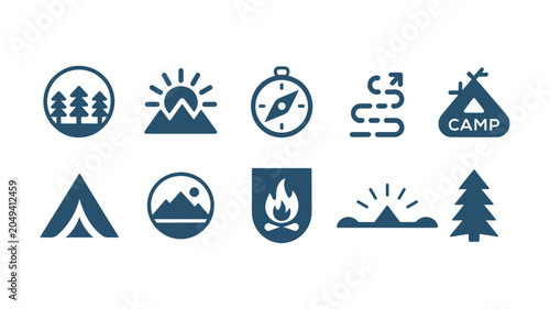Summer Camp Icons Collection – Tent, Compass, Camp Badge, Mountain and Nature Vector