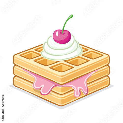 Stack of waffles with whipped cream, cherry and pink frosting