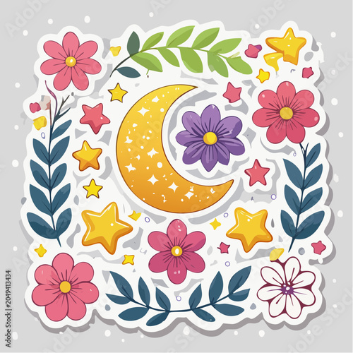 Sticker collection with moon, stars, and flowers