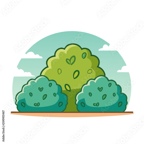 Stylized trees and bushes with clouds in the sky