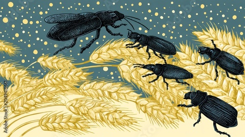 Numerous dark insects infest a field of mature grain stalks under a speckled sky