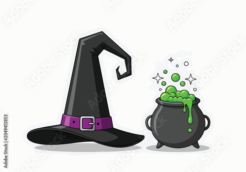 Valokuva A witch's hat and bubbling cauldron