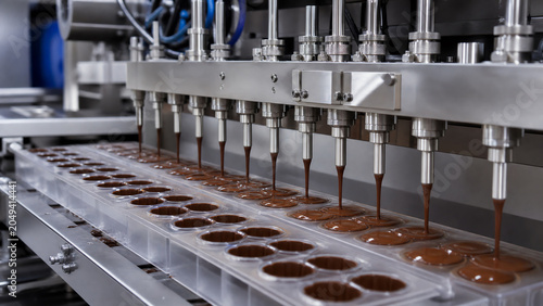 A modern chocolate production line showcasing precise machinery filling molds with rich melted chocolate.