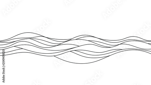 Minimalist wave pattern in black and white line art shows flowing water movement across a long horizontal format illustration.