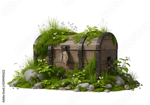 Ancient wooden chest surrounded by greenery and rocks in natural outdoor setting on white background , Isolated on Transparent Background, PNG, Generative AI