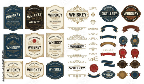 Photos Vintage whiskey label template and distillery branding vector set isolated on wh