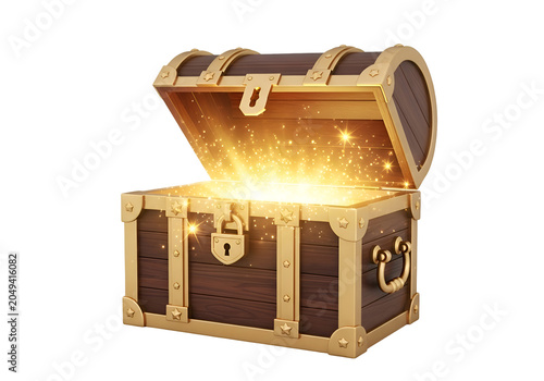 Open Treasure Chest Overflowing with Golden Light and Sparkles on white background , Isolated on Transparent Background, PNG, Generative AI