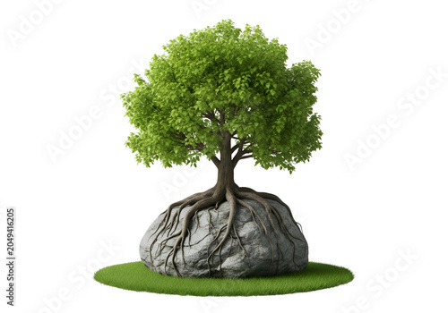 Tree on Rock Formation with Green Grass on white background , Isolated on Transparent Background, PNG, Generative AI