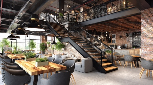 Industrial style cafe interior features a prominent black metal staircase leading to a mezzanine level.