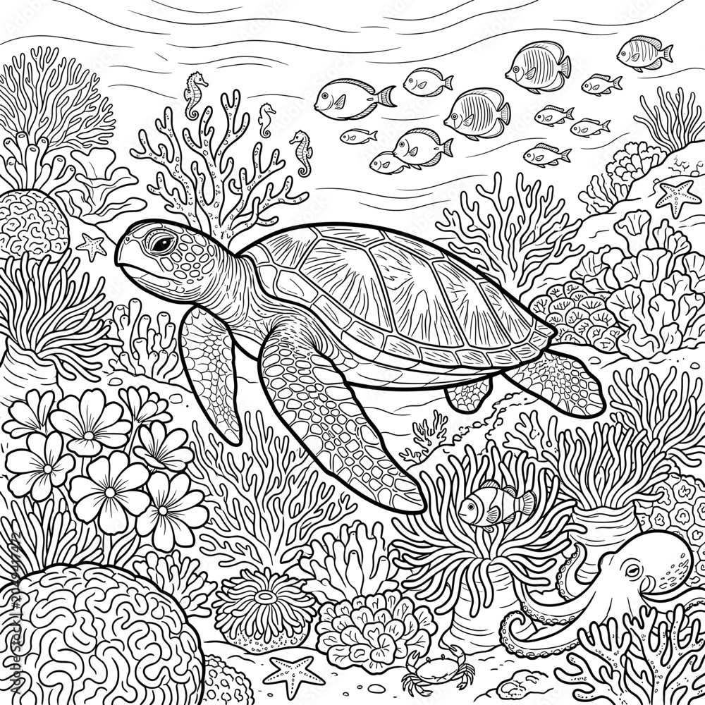 Fototapeta premium Sea Turtle and Coral Reef Underwater Coloring Page