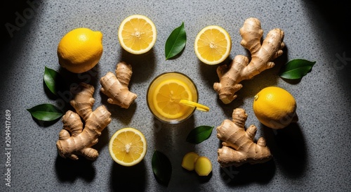 Fresh lemons, ginger roots, and a glass of healthy ginger lemon drink on a grey stone background