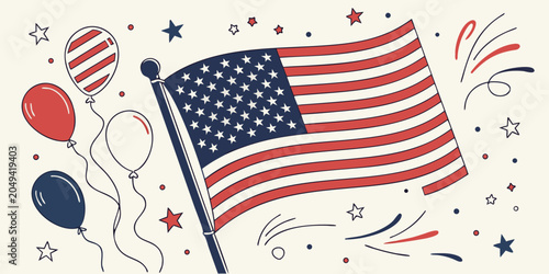 Billede på lærred Hand drawn patriotic american flag with festive balloons and confetti accents am
