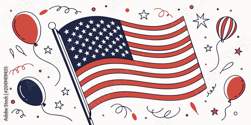 Fotografi Waving american flag illustration surrounded by festive balloons and stars with