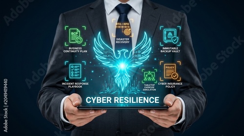 Businessman holding tablet with cyber resilience concept and icons on screen