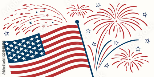Foto American flag waving with red and blue fireworks display and stars for independe