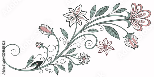 Tableau sur toile Decorative floral scroll branch with stylized flowers buds and swirl vine patter