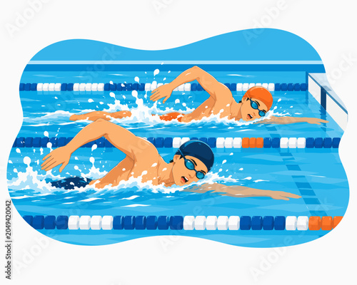 Competitive swimmers racing in vibrant pool