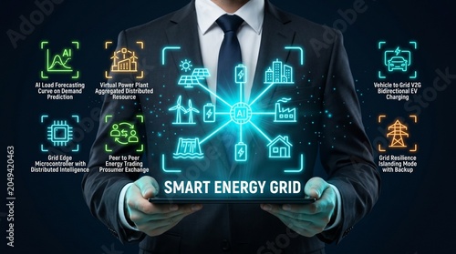 Businessman presenting smart energy grid concept on digital tablet with various icons and keywords related to sustainable energy solutions