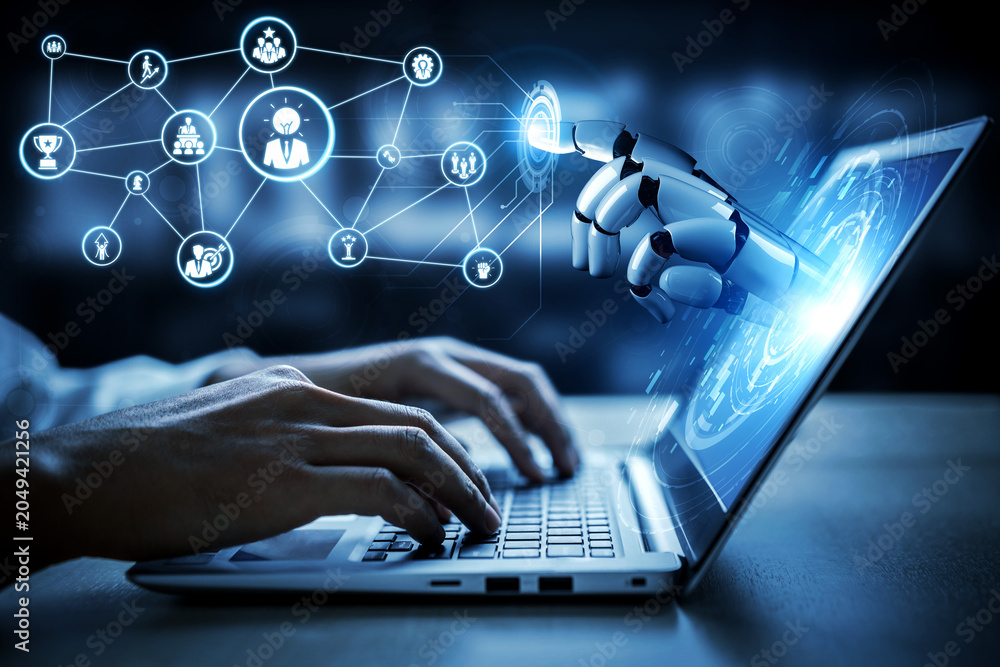 Obraz premium Artificial intelligence analyzes leadership skills, supporting teamwork, decision-making, and helping organizations improve management performance. Entice