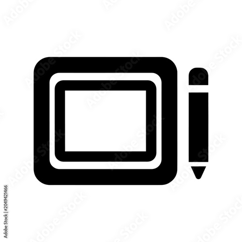 A black and white icon depicting a tablet device with a stylus presented as a silhouette