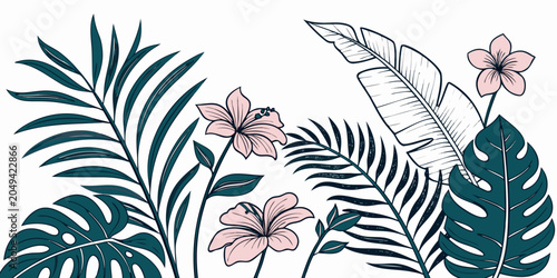 Tropical botanical illustration with large monstera leaves and pale pink hibiscus flowers tropical botanical monstera hibiscus illustration decorative blooming abstract minimalist backdrop