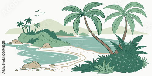 Cartoon tropical island cove with palm trees and distant hills tropical landscape paradise vacation illustration coastline turquoise background destination outdoors environment beautiful
