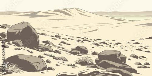Bild auf Leinwand Stylized graphic illustration of a rocky desert terrain and rolling hills with l