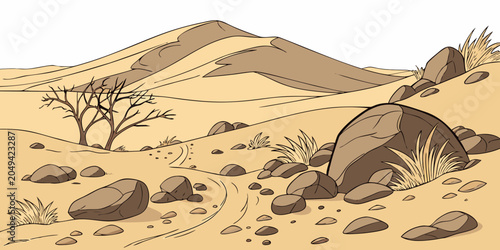 Graphic illustration of a vast desert landscape with dead trees and rock formations landscape boulders wilderness illustration sunlight environment background adventure creative outdoors