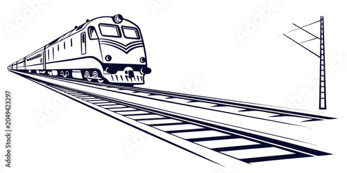 Tableau sur toile Passenger train moving on railroad tracks line art illustration with railroad lo