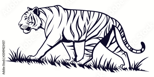 Tableau sur toile Tiger walking through grass illustration with silhouette predator wildlife illus