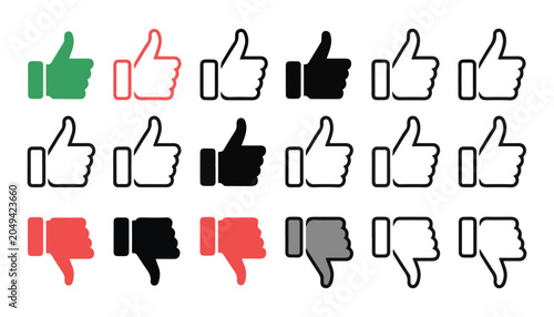 Fotografie Set of like and dislike thumb icons in different colors isolated on transparent background vectors
