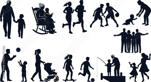 Family Activity Silhouette Set with Parents, Children, and Grandparents Playing, Running, Fishing, and Bonding for Lifestyle Design