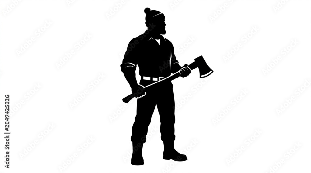 Naklejka premium Man in silhouette holds large axe standing alone outdoors