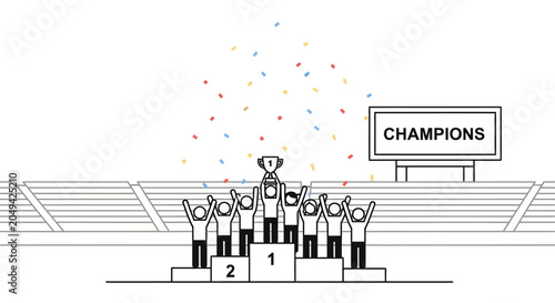 Εκτύπωση καμβά Team celebrating victory on podium with trophy and confetti, champions sign