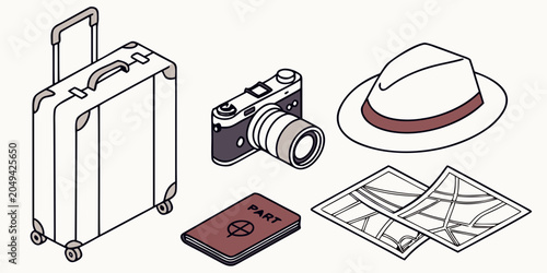 Fényképezés Isometric travel elements including luggage camera hat and map with isometric su