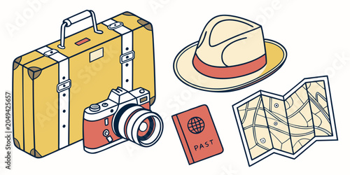 Vászonkép Travel kit composition with suitcase camera hat and map suitcase passport vacati