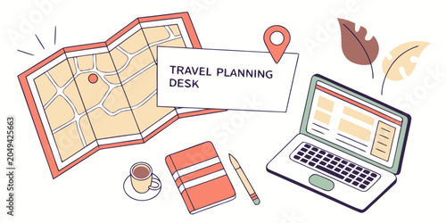 Tableau sur toile Travel planning desk setup with laptop and paper maps planning notebook vacation