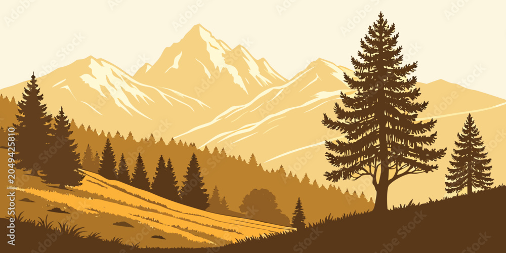 Obraz premium Mountain range landscape with evergreen pine trees and a rolling meadow at sunset mountain landscape evergreen outdoors wilderness illustration background woodland altitude adventure