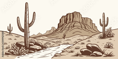 Bild auf Leinwand American southwest desert landscape with mesa and saguaro cactus landscape mount