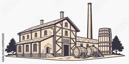 Line art illustration of an old brewery building with wooden barrels building architecture industry illustration production manufacture distillery exterior establishment facility historic
