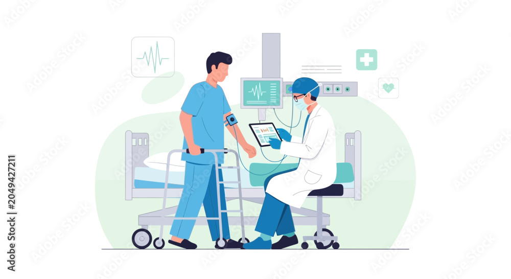 Fototapeta premium Doctor with Tablet Examines Patient Using Walker in Hospital Room