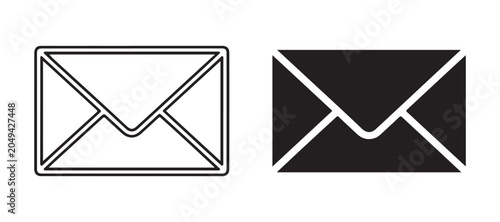 Black silhouette and outline mail envelope icons for user interface design isolated on grid background.