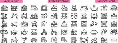 Bild auf Leinwand Hotel Hospitality And Resort Line Icons Bundle Editable Stroke Vector Collection
