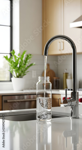 Modern kitchen faucet filling clear glass bottle with water