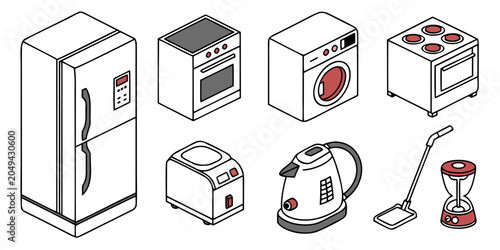 Canvastavla Collection of household kitchen appliances in isometric view with washing machin