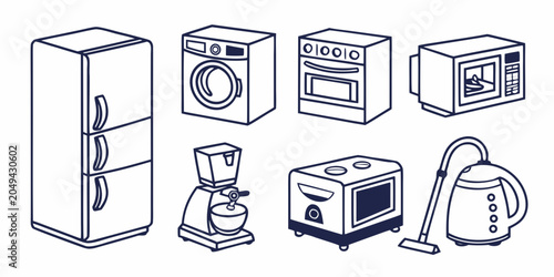 Cuadro en lienzo Outline collection of kitchen appliances in isometric view with washing machine
