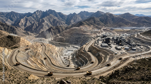 Panoramic view of a vast open pit mine in mountains.