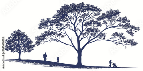 Obraz na płótnie People walking under large trees in a park setting graphic silhouette illustrati