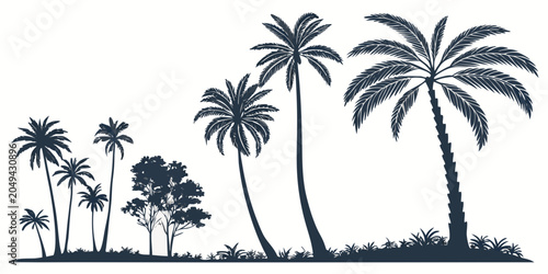 Foto Collection of diverse tropical palm trees and deciduous tree silhouettes with gr